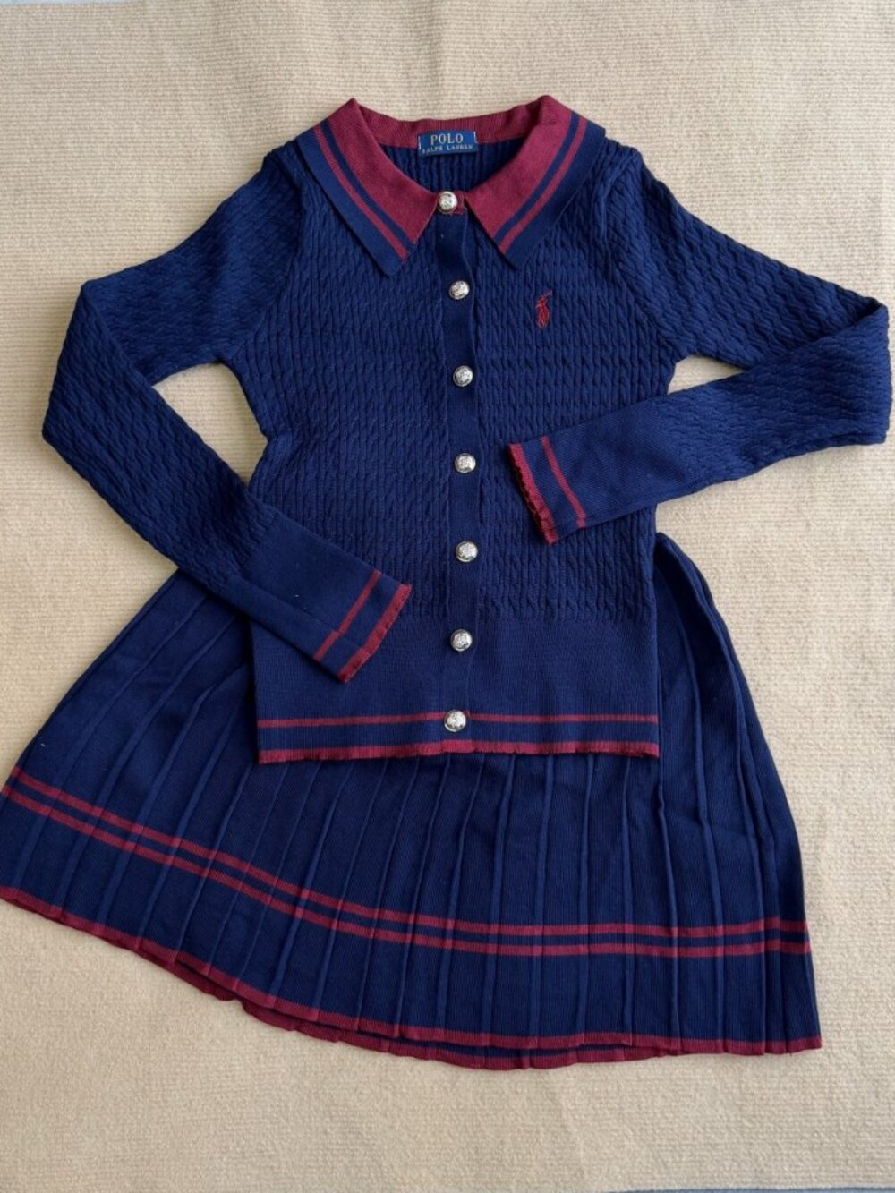 Polo Ralph Lauren Women Cable Knit 2 Piece Set Navy Striped Polo Cardigan